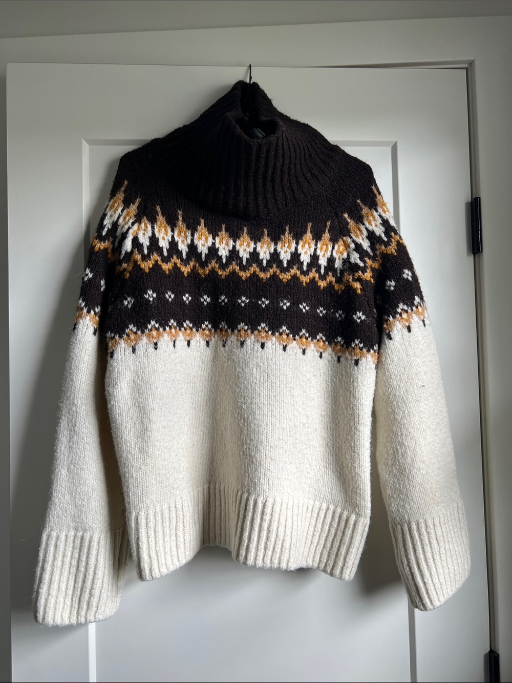 H&M Cream, Dark Brown and Mustard Cowl Neck Fair Isle Sweater